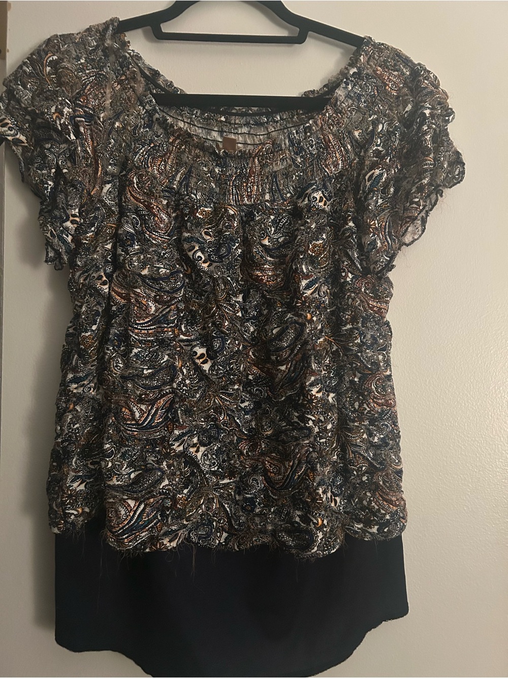 Lavish Multicolor Paisley Short Sleeve Blouse with Black Hem
